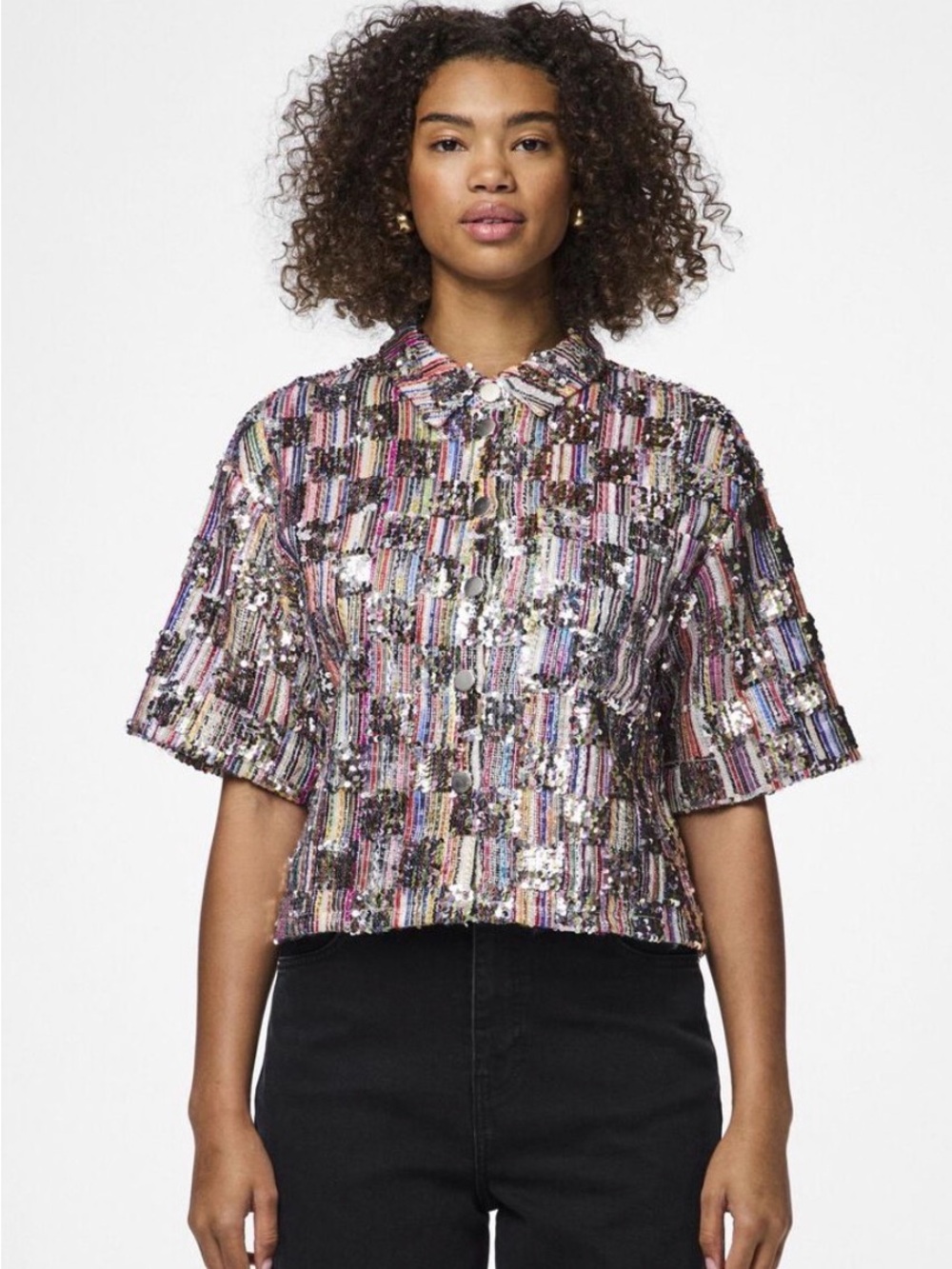 Short-Sleeve Sequin Button-Down Top in Multi-Color